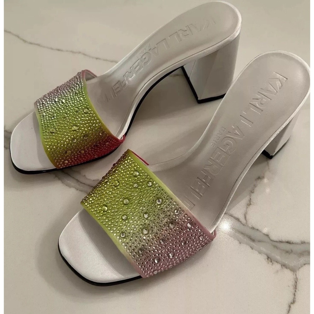 New Karl‎ Lagerfeld Paris Sandals Mules 6.5 Pastel White Pink Green Fairy